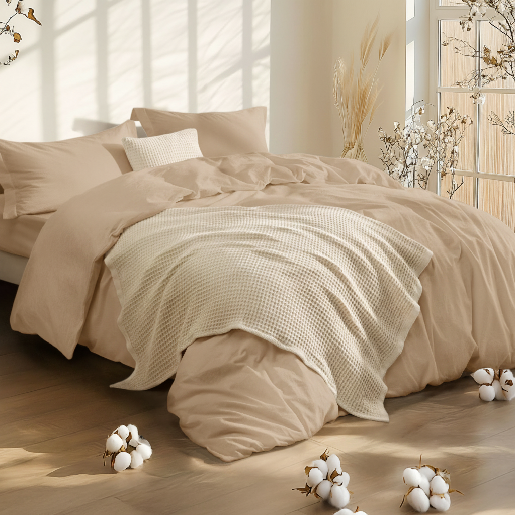 5-Piece Cotton Comforter Set – King Size with Waffle Throw Blanket