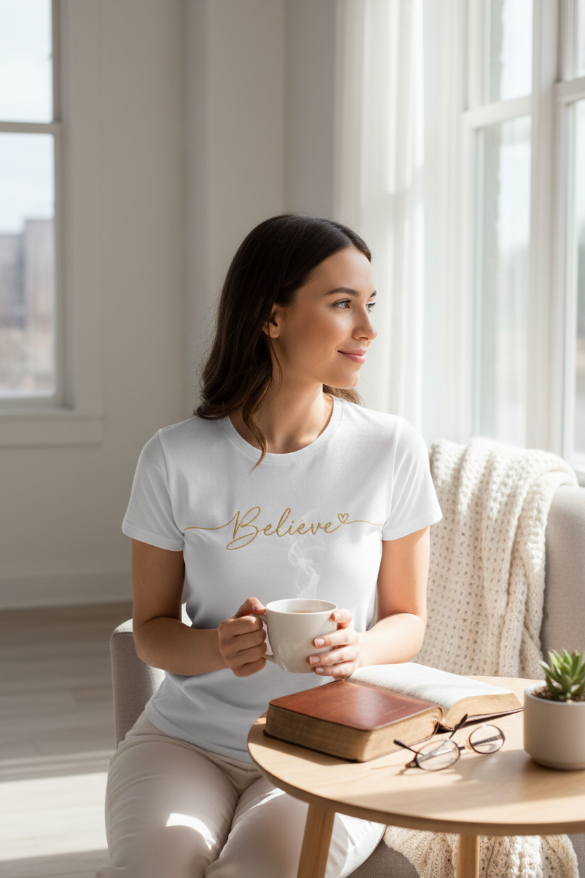 Women's Believe Graphic T-Shirt - Faith-Inspired Casual Top