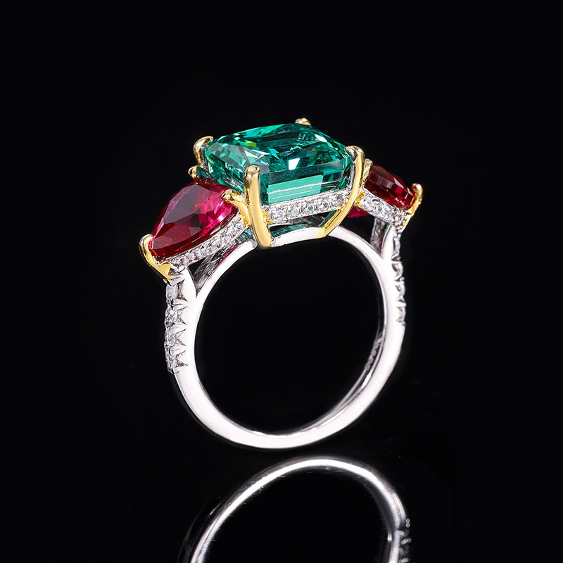 S925 Silver High Carbon Emerald Diamond Color Ring