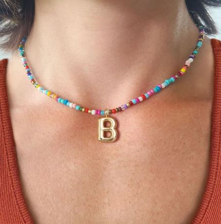 Trendy Colorful Bead Necklace with Initial Letter Pendant – 18K Gold Plated