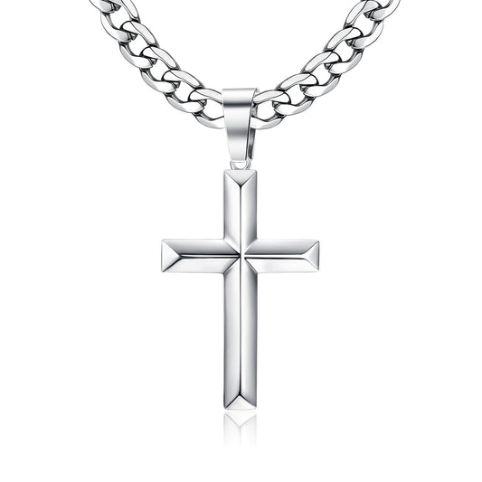 925 Sterling Silver Cross Pendant Necklace – Diamond-Cut Cuban Link Chain, 30 Inches