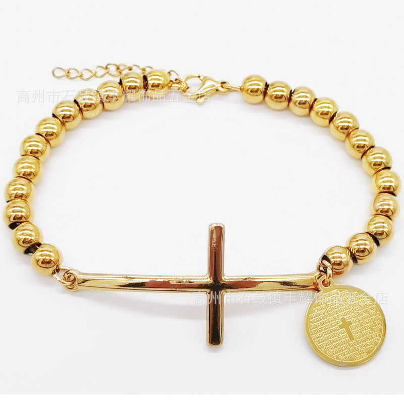 6mm Stainless Steel Beaded Bracelet with Cross Charm