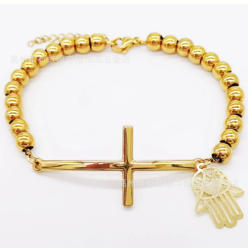 6mm Stainless Steel Beaded Bracelet with Cross Charm