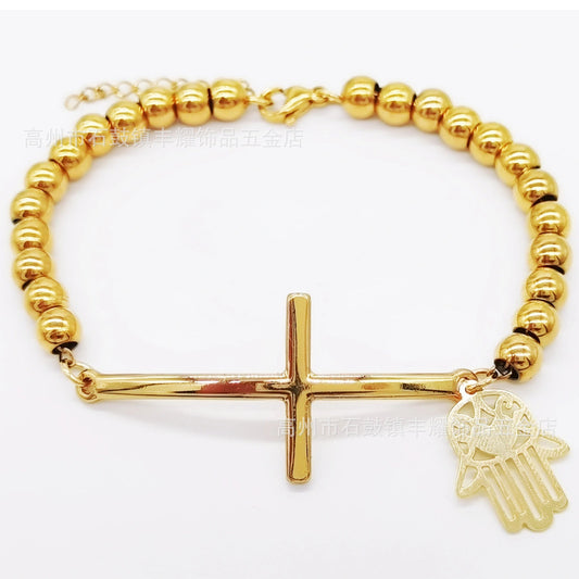 6mm Stainless Steel Beaded Bracelet with Cross Charm
