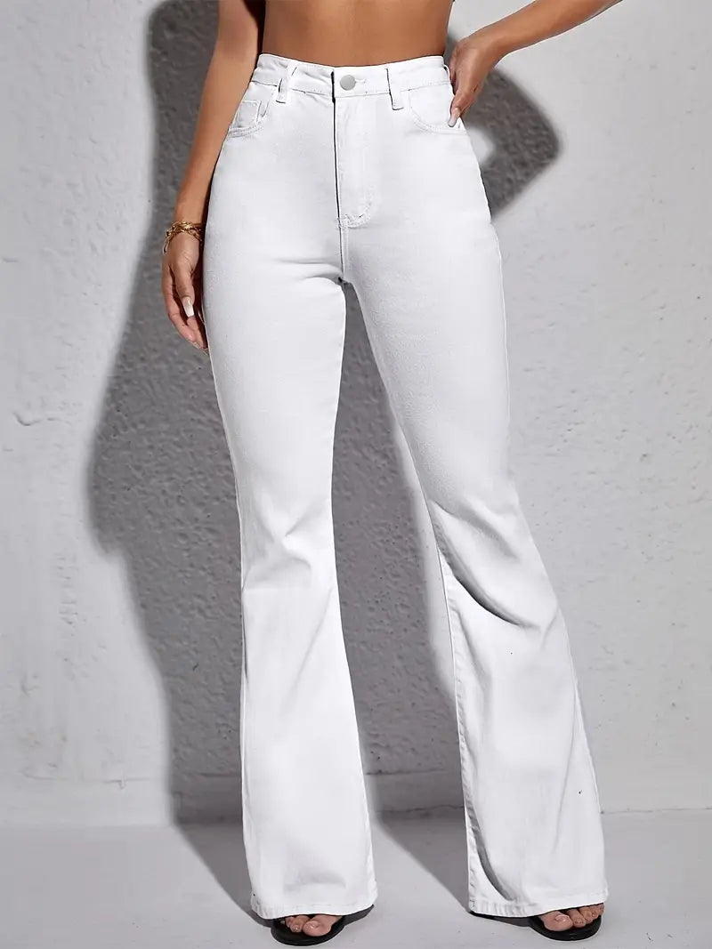 Women's White High Waist Flare Jeans with Pockets