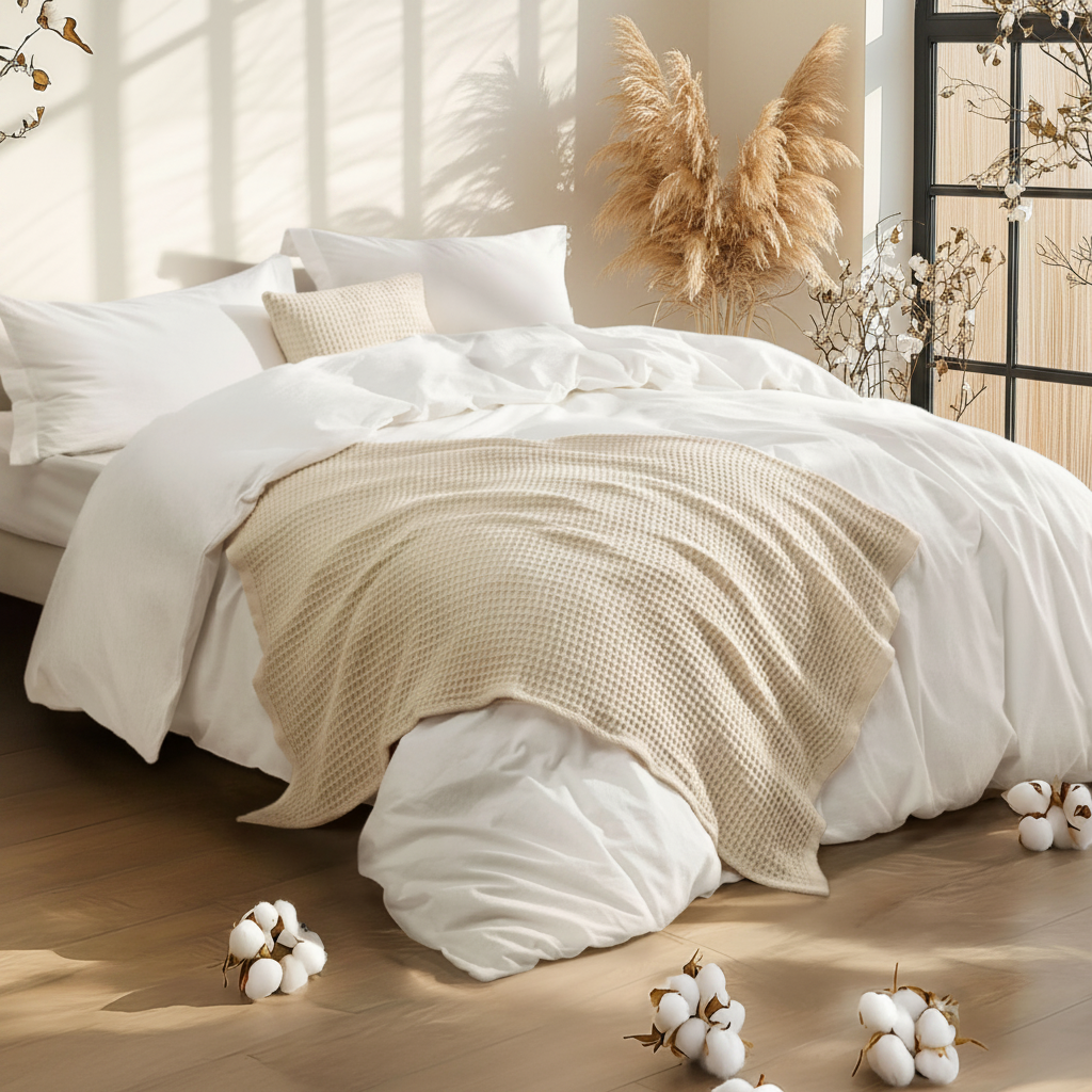 5-Piece Cotton Comforter Set – King Size with Waffle Throw Blanket