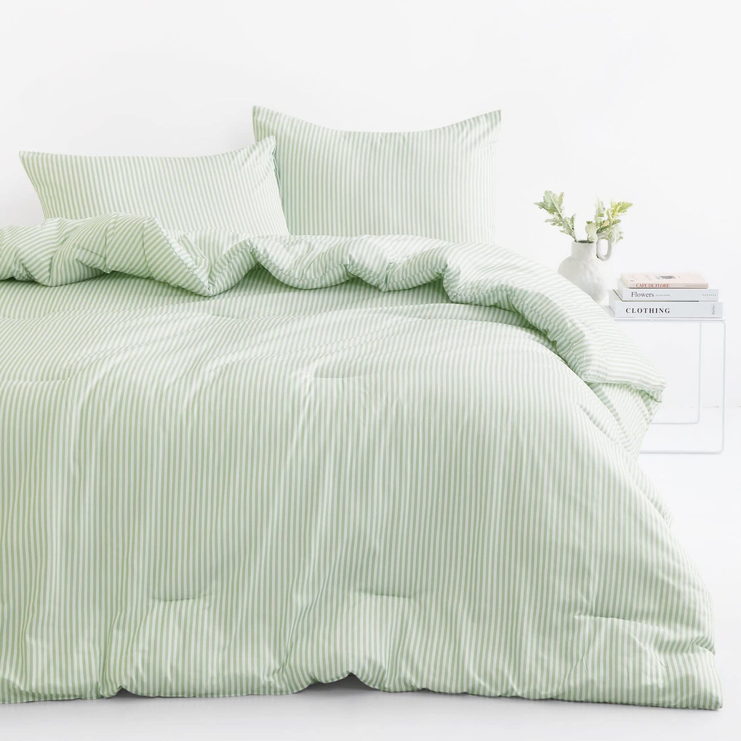 Pinstripe Sage Green Comforter Set – Full Size, 3 Piece