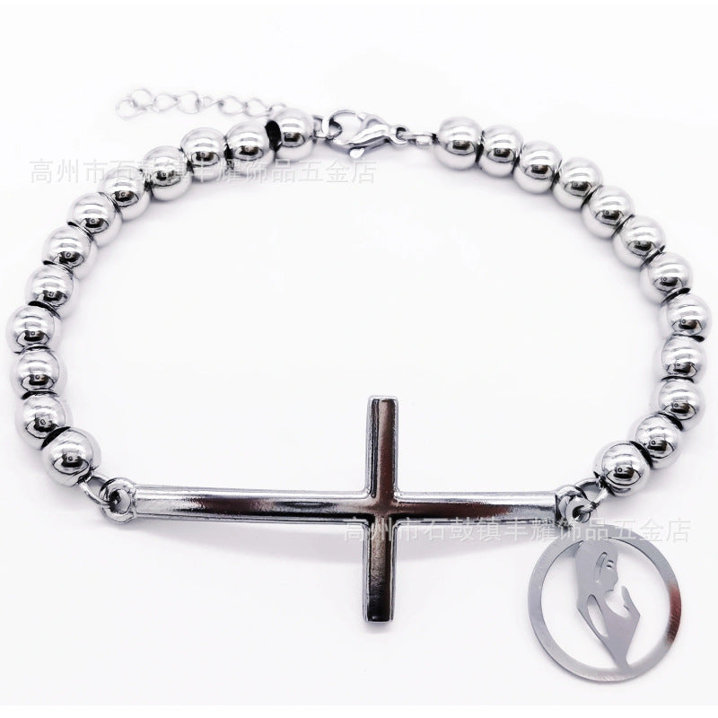 6mm Stainless Steel Beaded Bracelet with Cross Charm