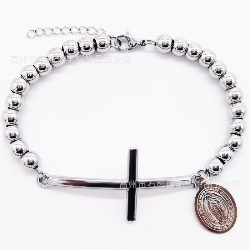 6mm Stainless Steel Beaded Bracelet with Cross Charm