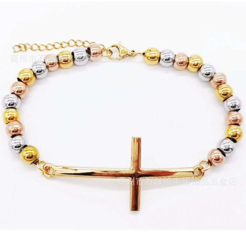 6mm Stainless Steel Beaded Bracelet with Cross Charm