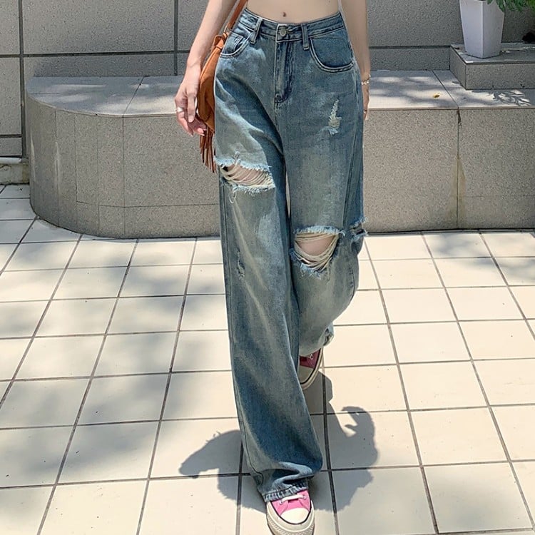 Washed Wide-leg Ripped Jeans
