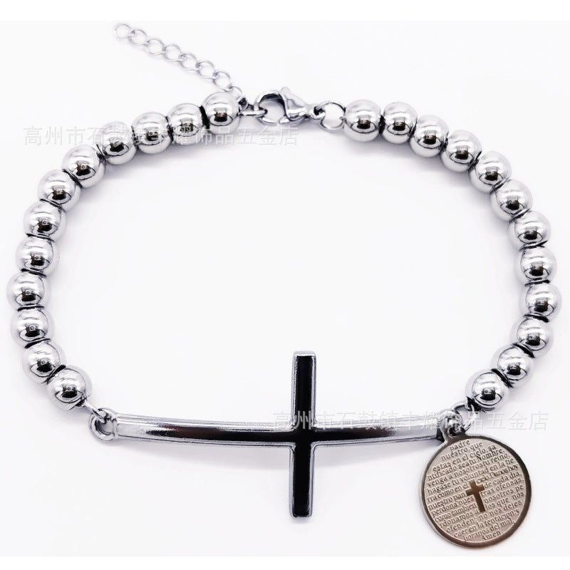 6mm Stainless Steel Beaded Bracelet with Cross Charm