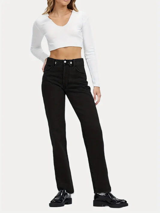 Black Raw Hem High Waist Loose Fit Denim Jeans