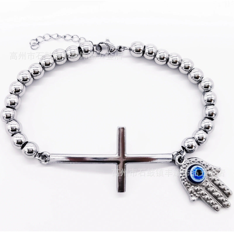 6mm Stainless Steel Beaded Bracelet with Cross Charm