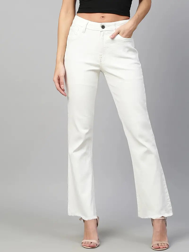 Women's High Waist Wide Leg Jeans – White Raw Hem