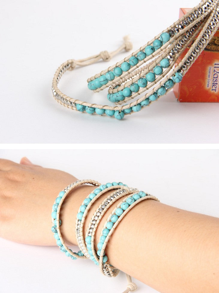 Handmade 4-Wrap Faux Leather Bracelet with Turquoise