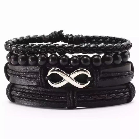 Four-Piece Leather Woven Bracelet Set with Metal Hardware Accents
