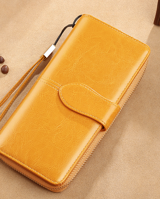 Waxed Cowhide Long Leather Zipper Wallet