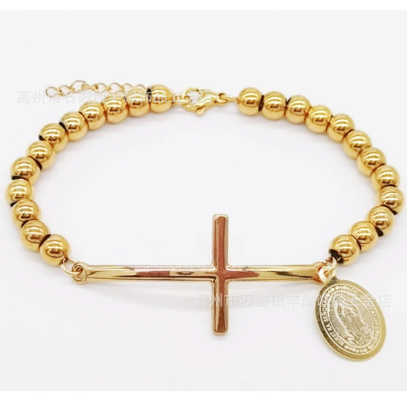 6mm Stainless Steel Beaded Bracelet with Cross Charm