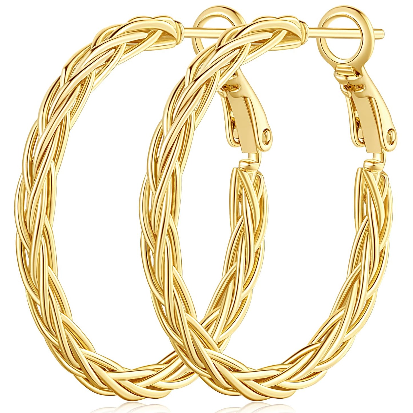 14K Gold Plated Hoop Earrings for Women – Fine Weave Design with Paddle Back Closure