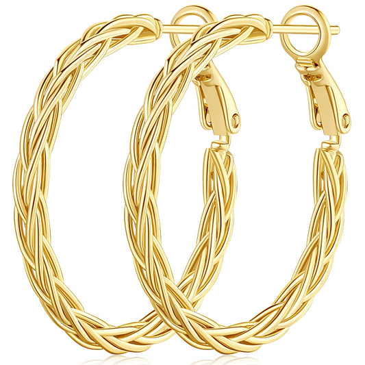 14K Gold Plated Hoop Earrings for Women – Fine Weave Design with Paddle Back Closure