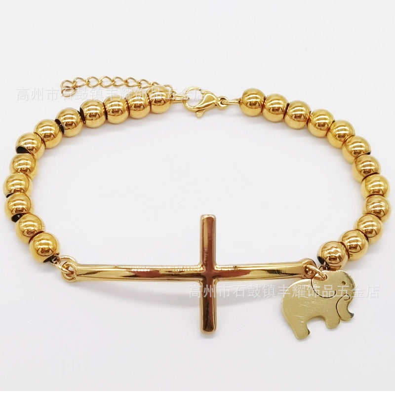 6mm Stainless Steel Beaded Bracelet with Cross Charm