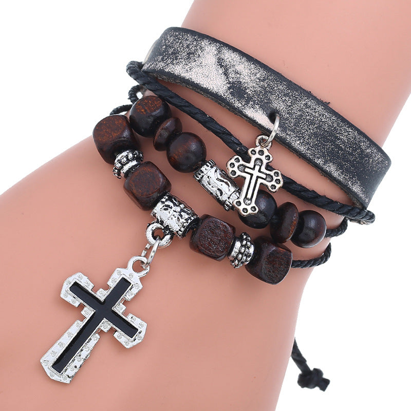 Leather Cross Bracelet with Beaded Design & Alloy Charm