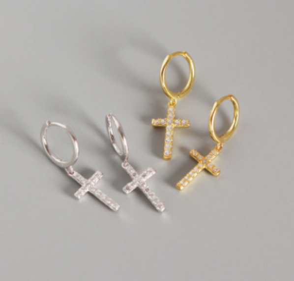 S925 Sterling Silver Diamond Accent Cross Hoop Earrings