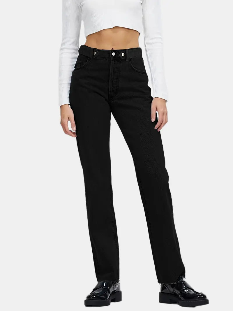 Black Raw Hem High Waist Loose Fit Denim Jeans