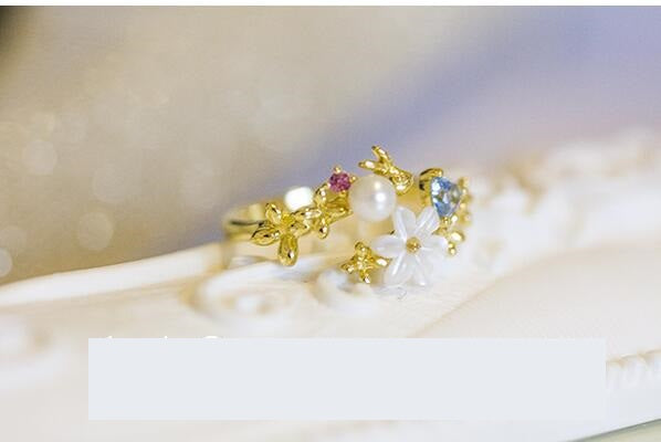 Flower Zircon Shell 925 Silver Open Ring