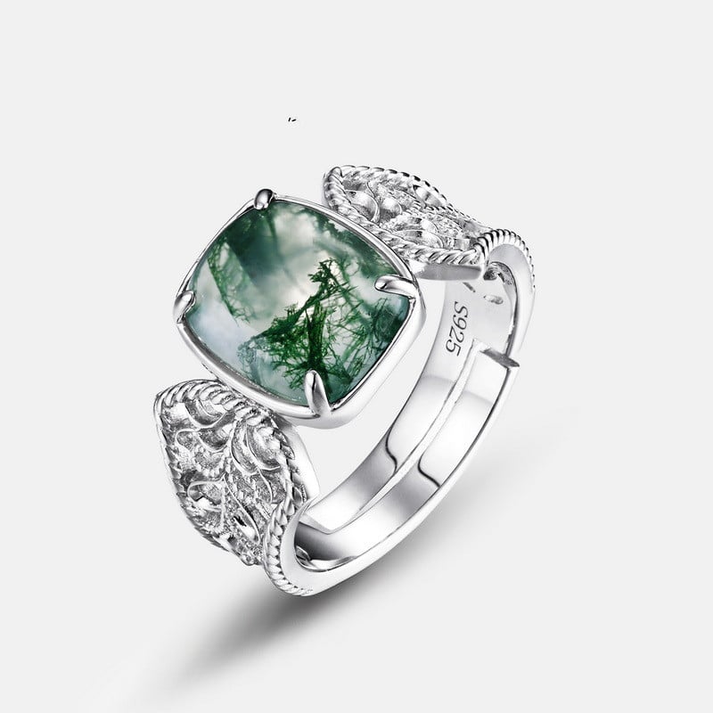 Silver Green Moss Agate Open Ring for Women