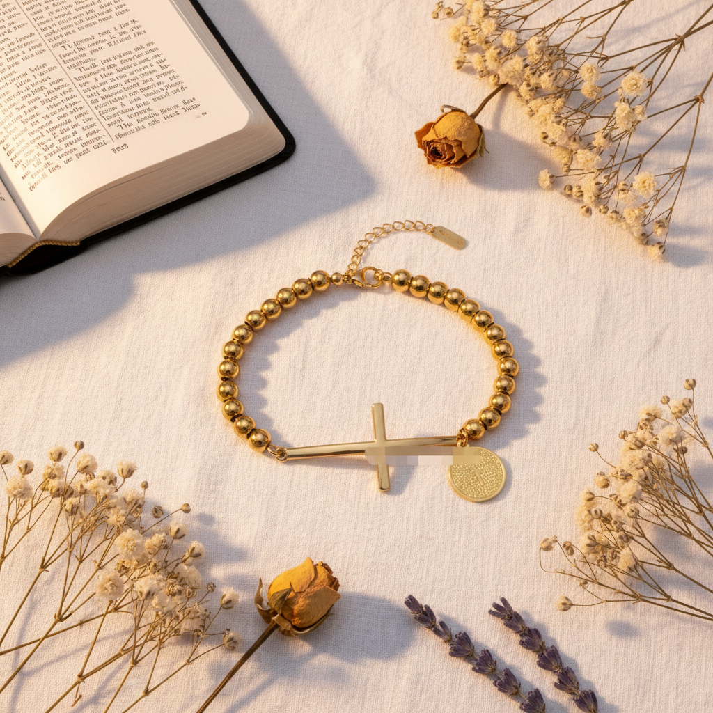 Gold beaded cross bracelet flat lay with Bible and flowers
