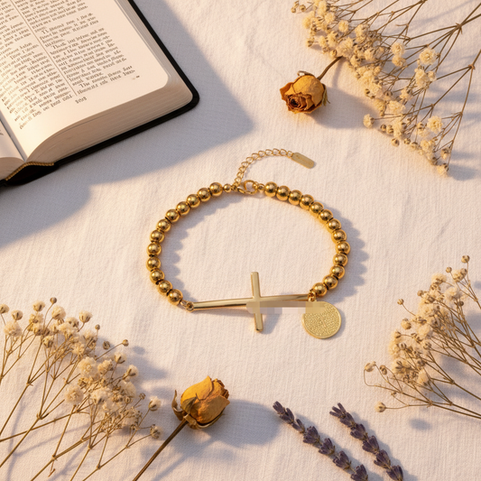 Gold beaded cross bracelet flat lay with Bible and flowers