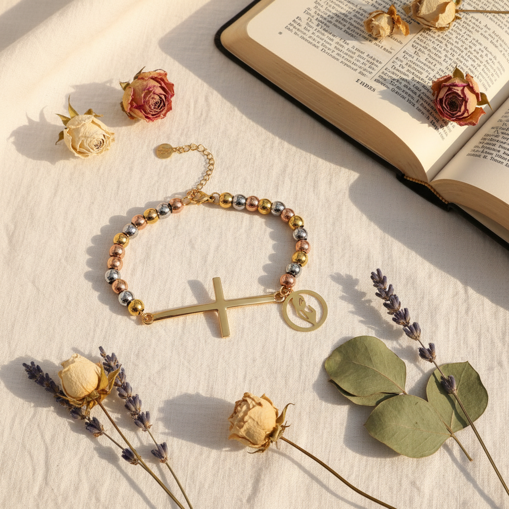 Golden Rose tri-color beaded cross bracelet flat lay with Bible and flowers