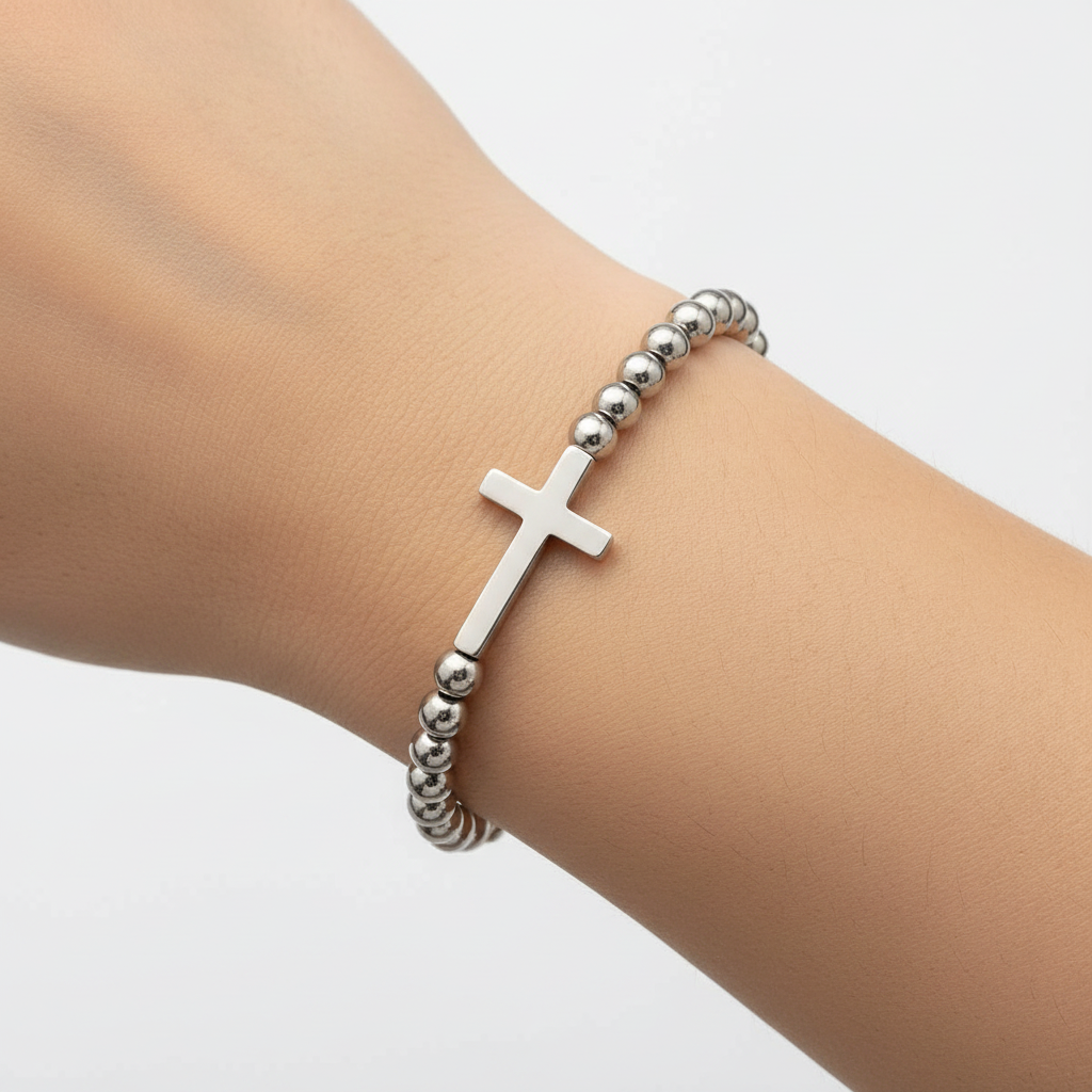 6mm Stainless Steel Beaded Bracelet with Cross Charm