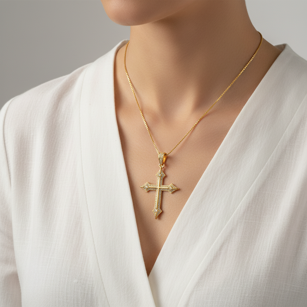 18K Gold Plated CZ Cross Necklace — Dainty Faith Pendant
