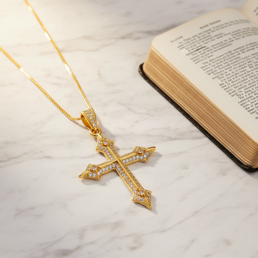18K Gold Plated CZ Cross Necklace — Dainty Faith Pendant