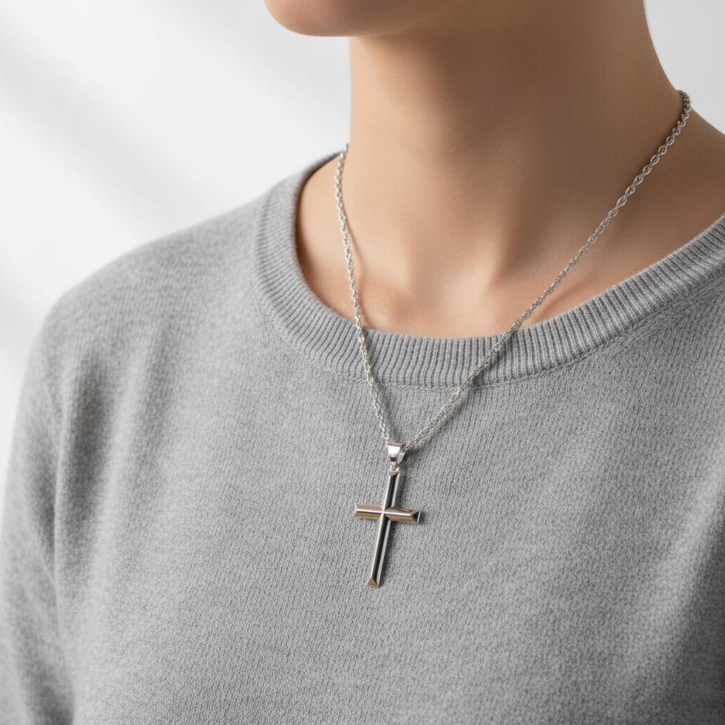 925 Sterling Silver Cross Necklace – Beveled