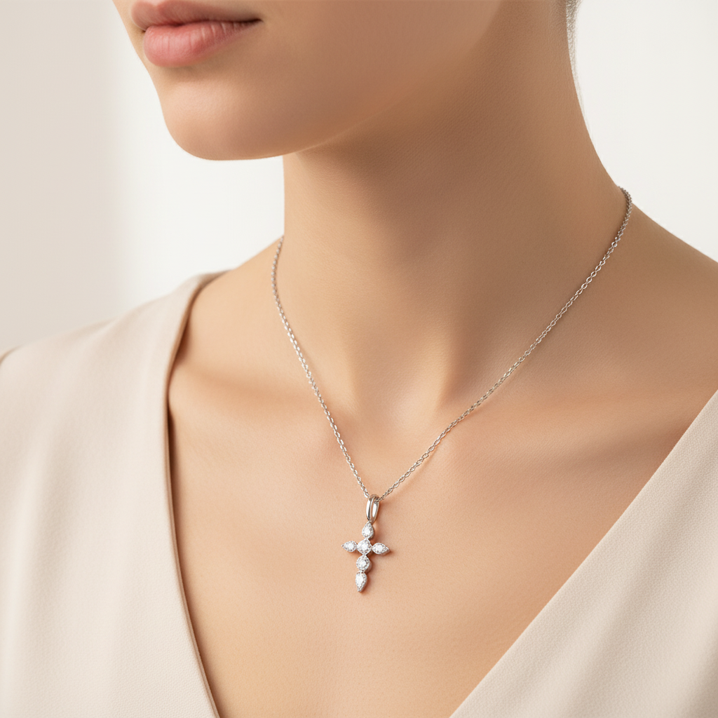 Moissanite S925 Multi-Stone Cross Pendant Necklace — Gold & Silver