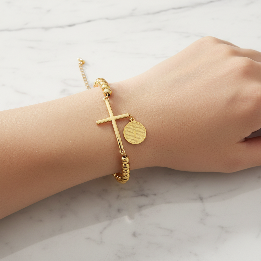 Gold beaded cross bracelet on wrist - marble background