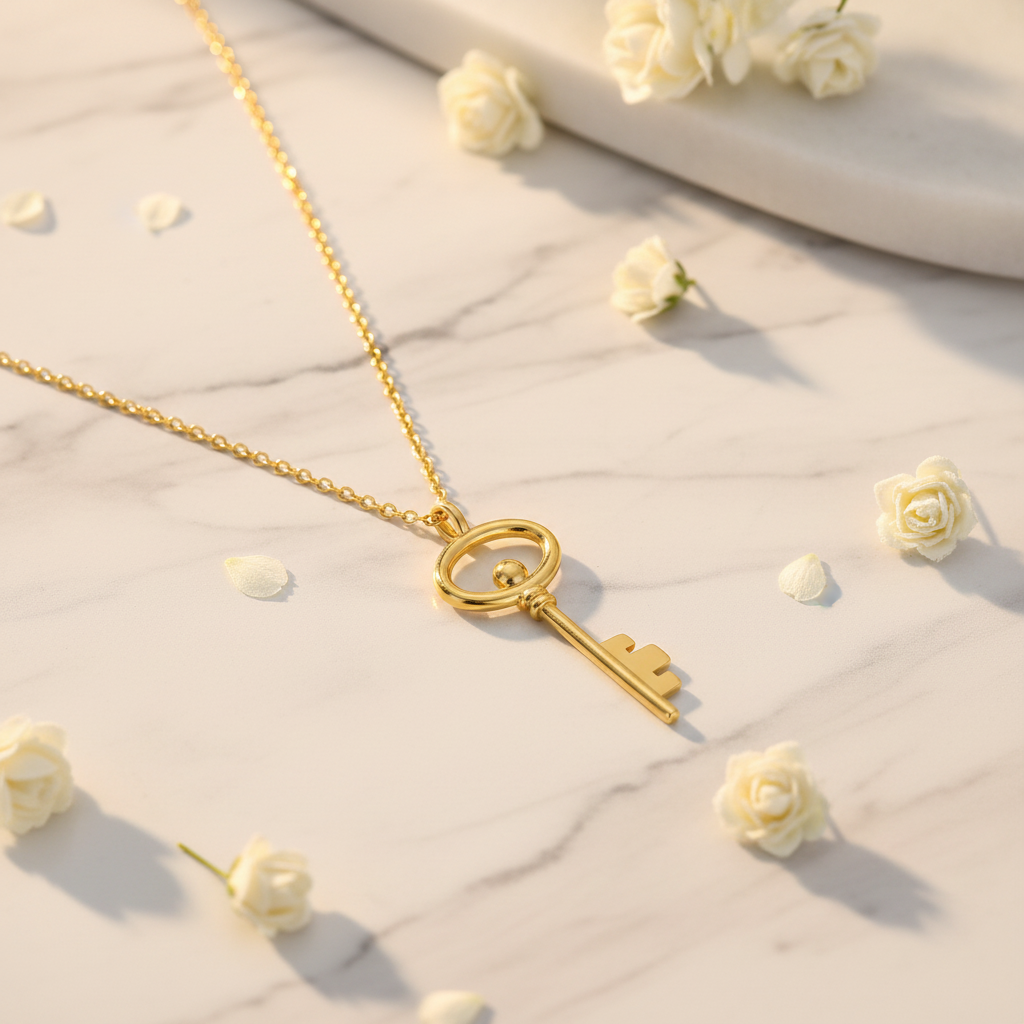 Gold Plated Sterling Silver Key Necklace marble flat lay