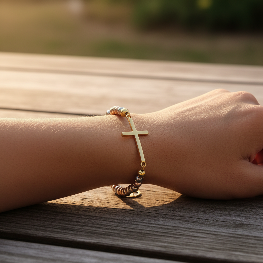 Golden Rose tri-color beaded cross bracelet on wrist - golden hour