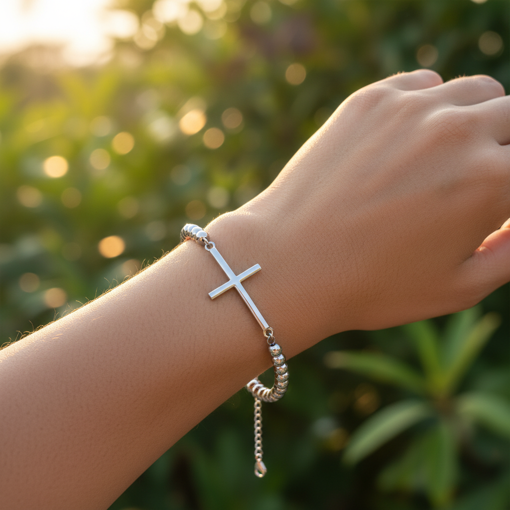 Steel silver beaded cross bracelet on wrist - golden hour