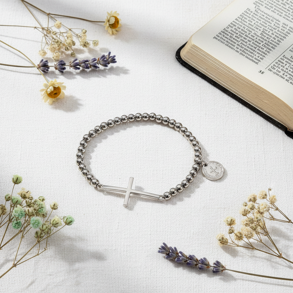 Steel silver beaded cross bracelet flat lay with Bible and flowers