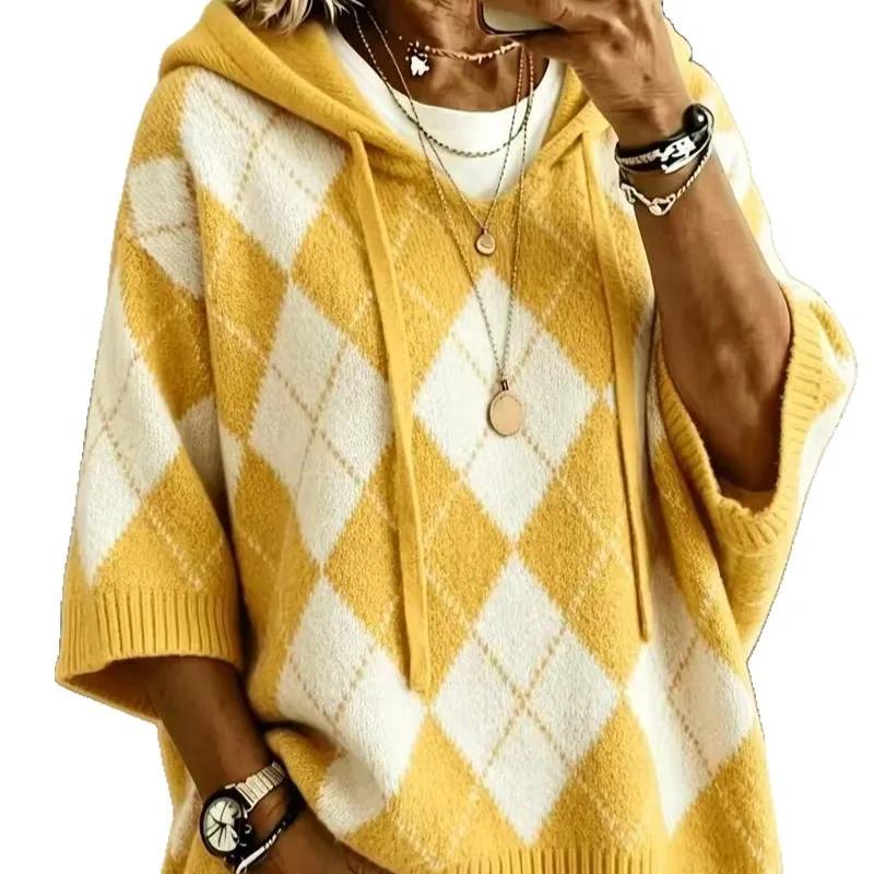Marigold Argyle Hooded Knit Sweater